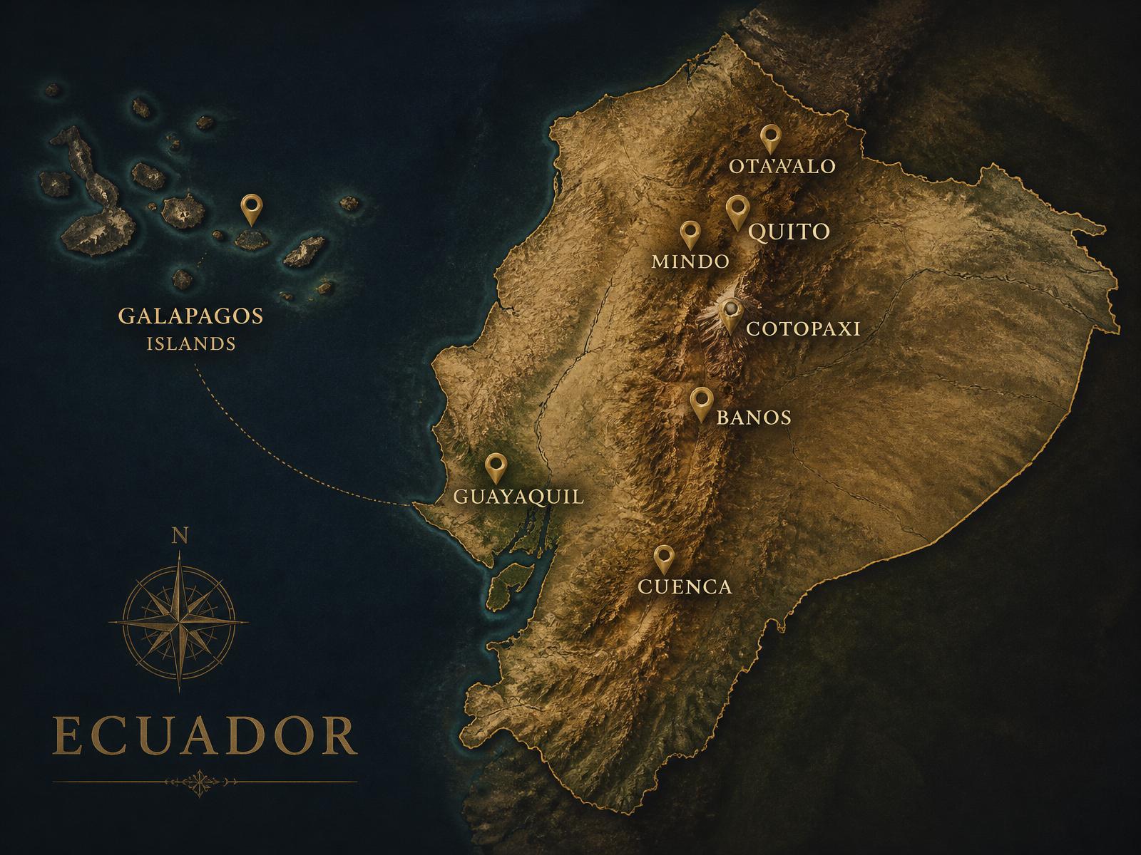 Illustrated map of Ecuador with destinations