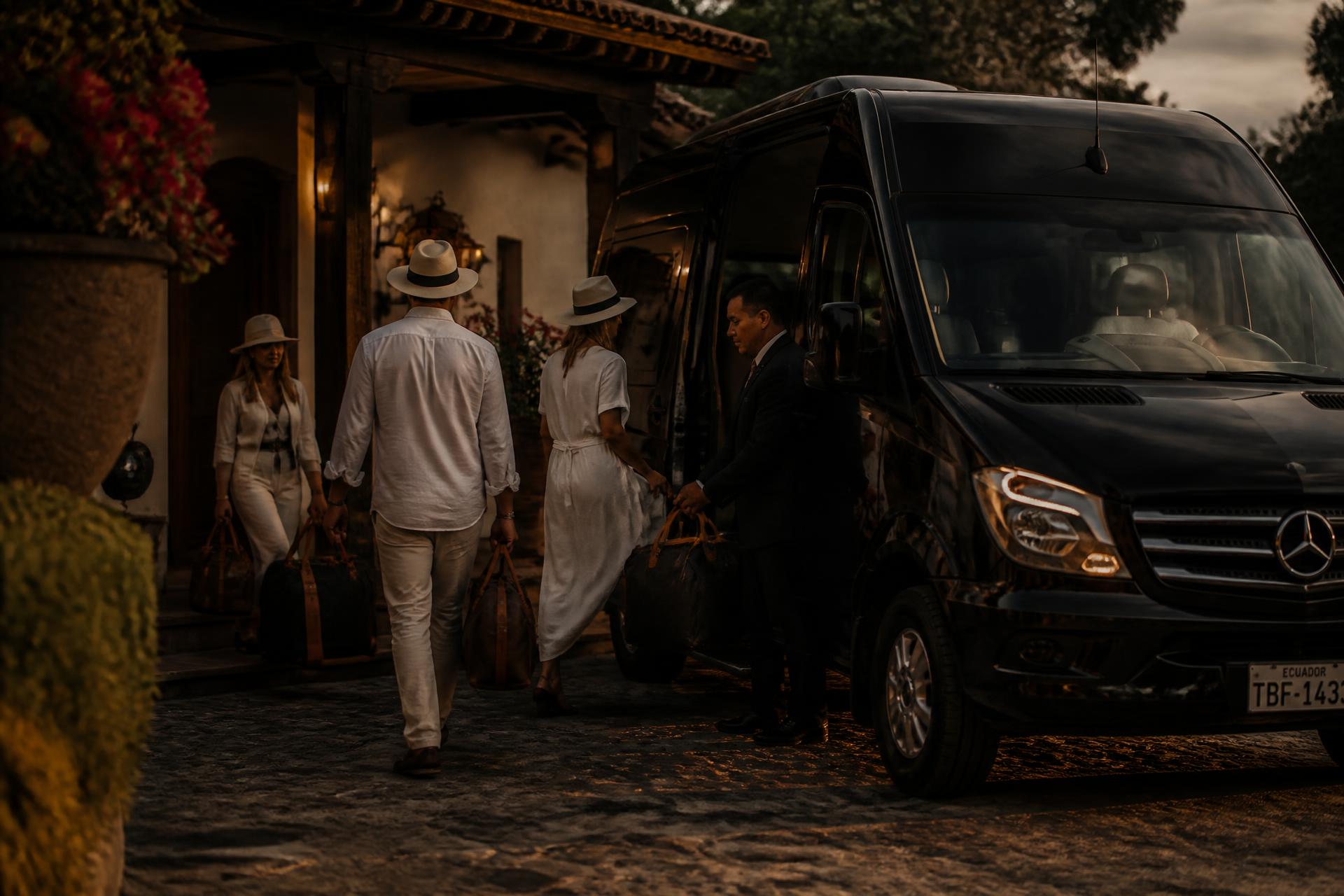 Elegant travellers boarding a private Mercedes van outside an Ecuadorian hacienda at golden hour